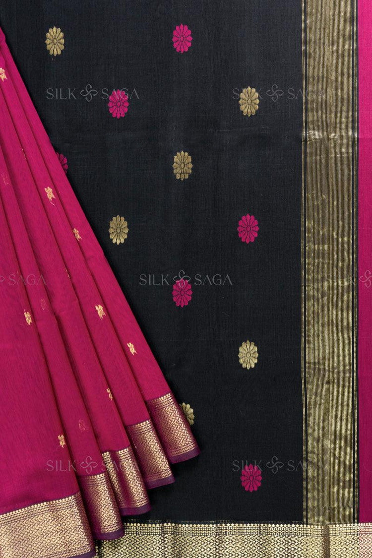 Pure Silk by Cotton Maheshwari Dark Pink Saree with Black Pallu - Silksaga Studio