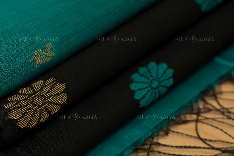 Pure Silk by Cotton Maheshwari Jade Green Saree with Black Pallu - Silksaga Studio