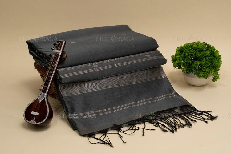 Pure Maheshwari Silk by Cotton Handloom Saree with Silver Zari Border - Silksaga Studio