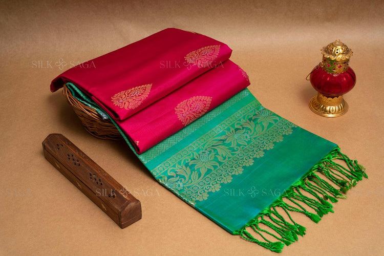 Pure Soft Silk Dark Pink Saree with Dual Tone Green Pallu - Silksaga Studio