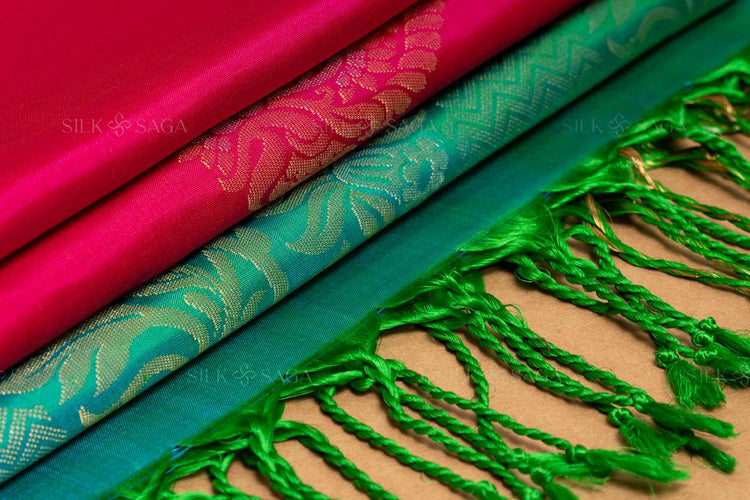 Pure Soft Silk Dark Pink Saree with Dual Tone Green Pallu - Silksaga Studio