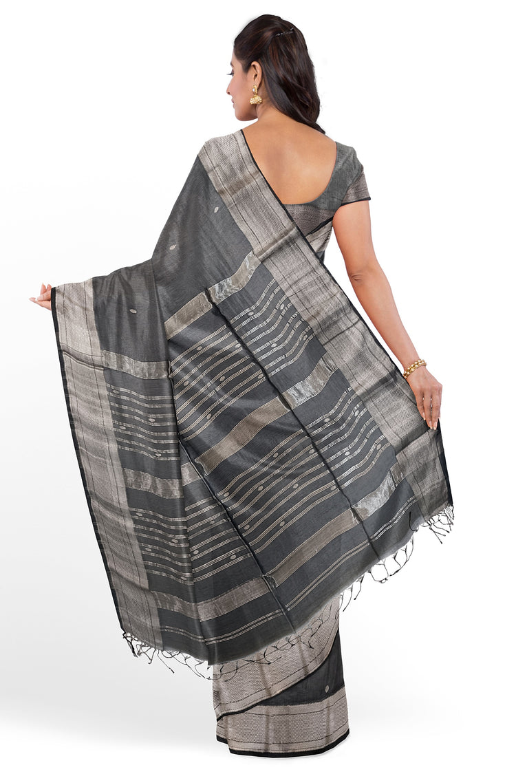Maheshwari Pure Silk by Cotton Handloom Saree with Silver Zari Narmada Leher Border