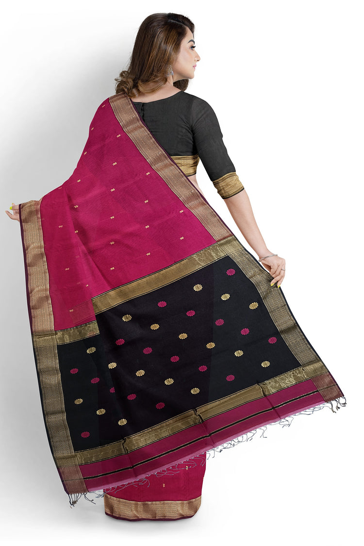 Pure Silk by Cotton Maheshwari Dark Pink Saree with Black Pallu & Narmada Leher Zari Border