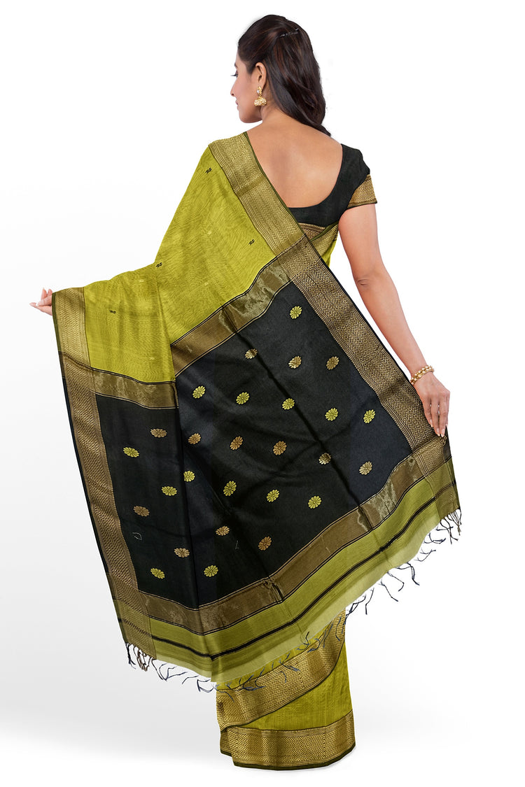 Pure Silk by Cotton Maheshwari Pear Green Saree with Black Pallu & Golden Zari Narmada Leher Border