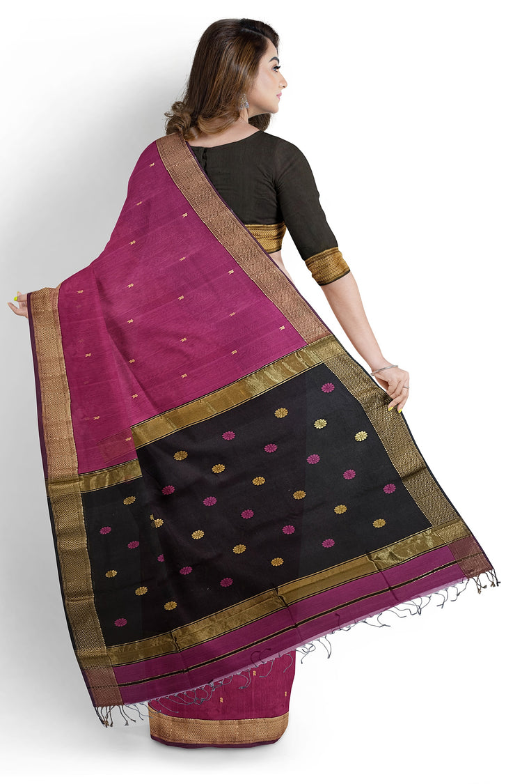 Pure Silk by Cotton Maheshwari Magenta Saree with Black Pallu & Golden Zari Narmada Leher Border