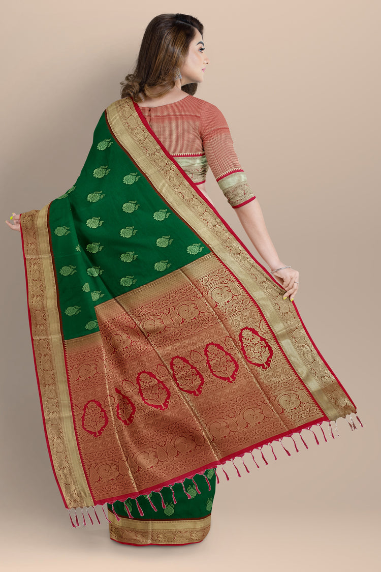 Bottle Green Art Silk Saree with Zari Motifs and Zari Work on Dark Red Pallu