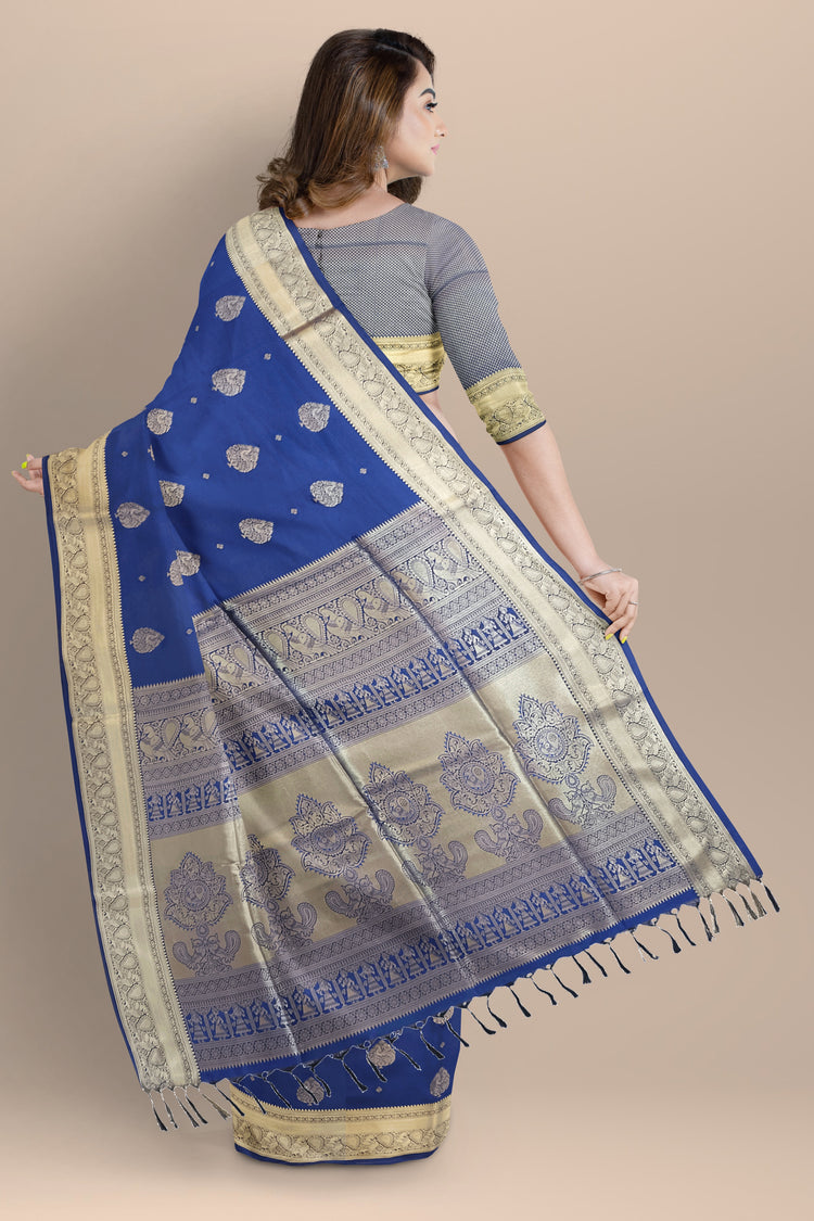 Navy Blue Art Silk Saree with Golden Zari Motifs and Rich Golden Zari Border and Pallu