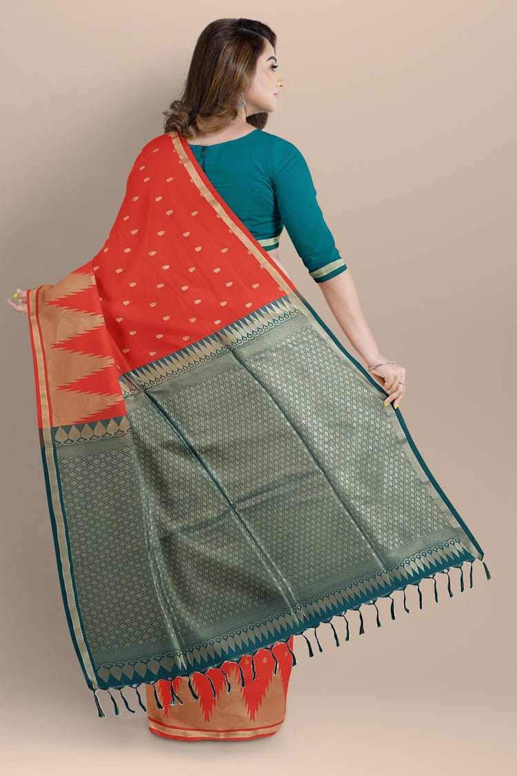 Orange Art Silk Saree with Golden Temple Border and Rich Zari Pallu