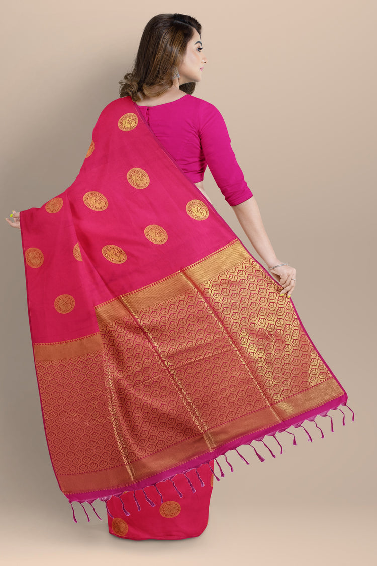 Coral Pink Art Silk Borderless Saree with Golden Zari Work Pallu