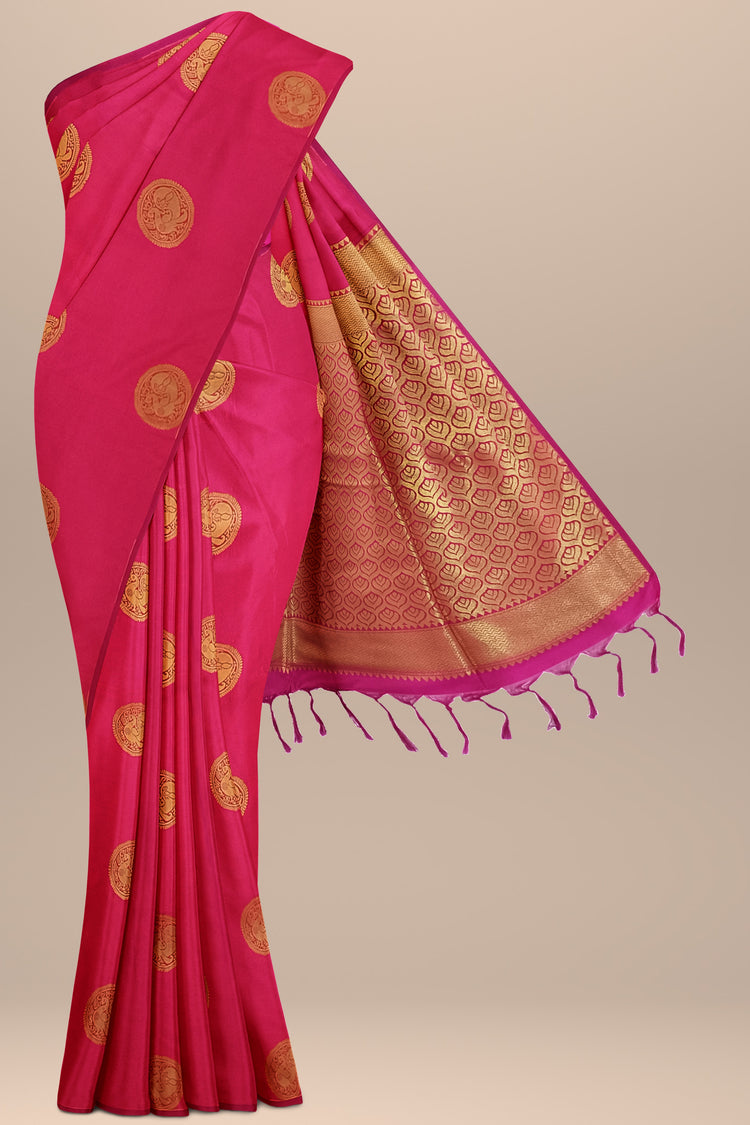 Coral Pink Art Silk Borderless Saree with Golden Zari Work Pallu