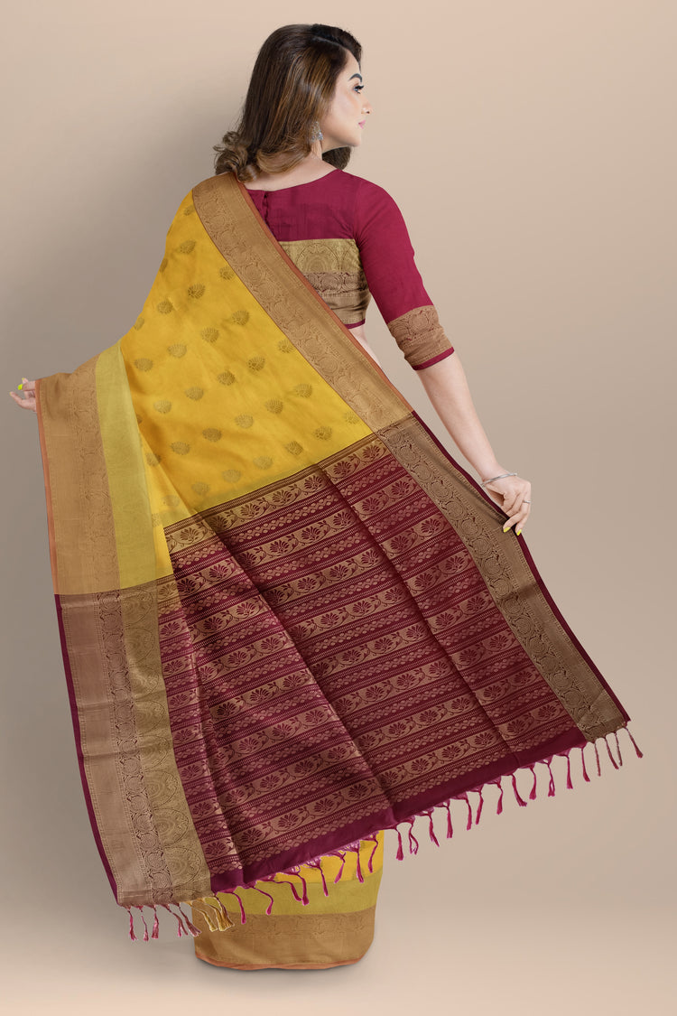 Mango Yellow Art Silk Saree with Golden Zari Work on Maroon Pallu