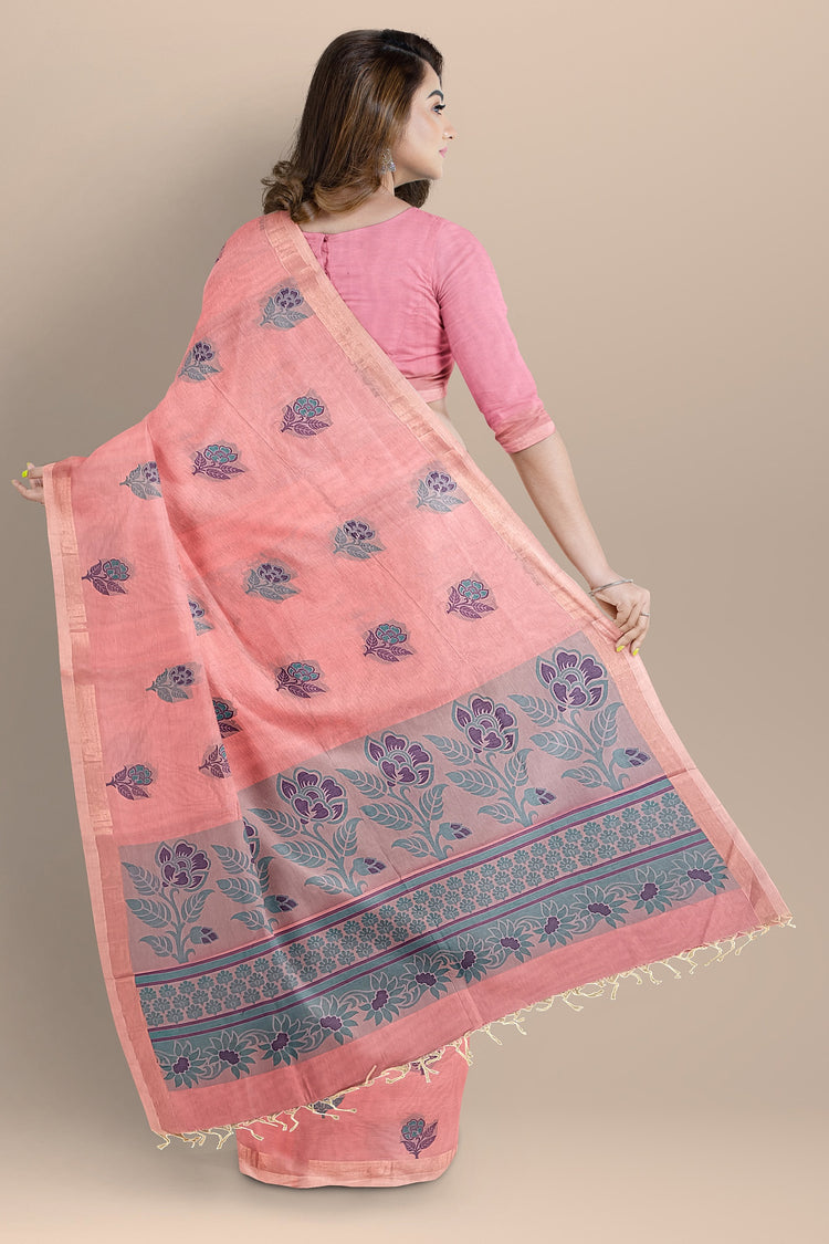Pure Cotton Pink Saree with Cyan and Purple Resham Work Pallu