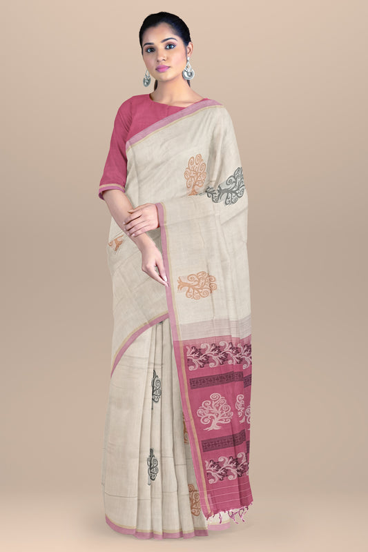Pure Cotton Beige Saree with Black Resham Work Pallu