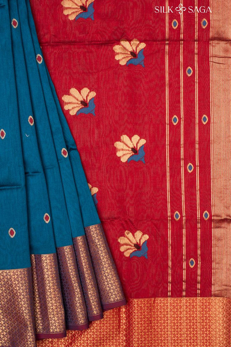 Blue Maheshwari Saree with Antique Gold Border and Brick Red Pallu