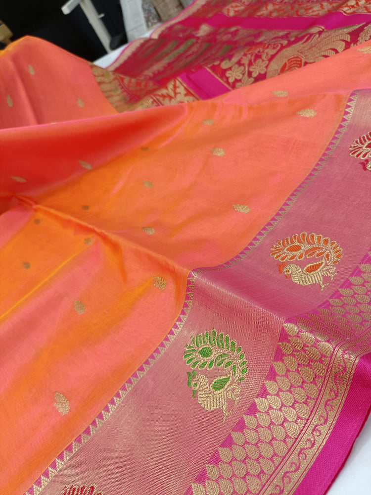 Pure Silk by Cotton Sunrise Orange Saree with Dark Pink and Golden Zari Pallu