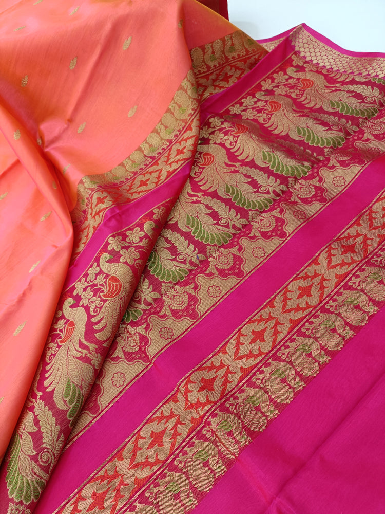 Pure Silk by Cotton Sunrise Orange Saree with Dark Pink and Golden Zari Pallu