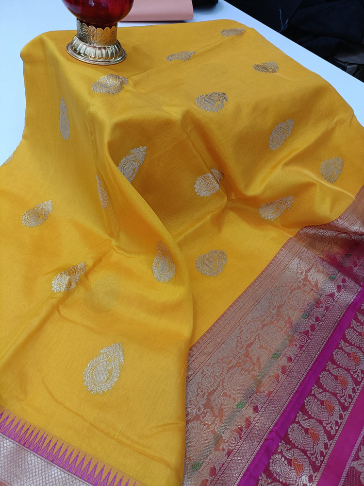 Pure Silk by Cotton Mango Yellow Saree with Golden Zari Meenakari Work on Dark Pink Pallu - Silksaga Studio