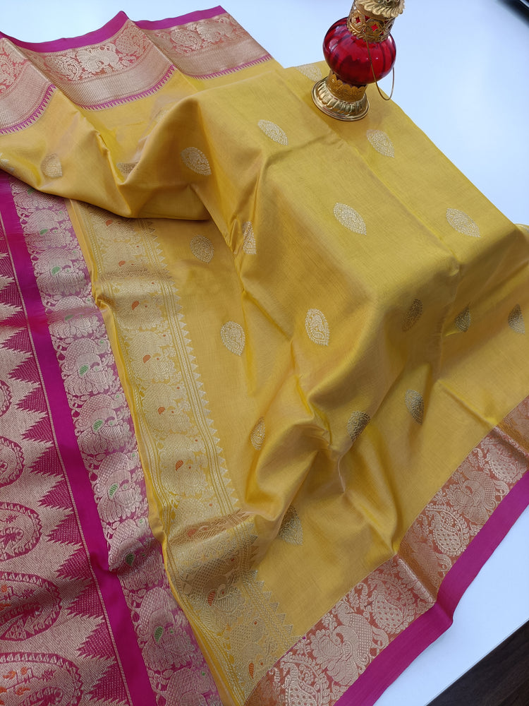 Pure Silk by Cotton  Butter Yellow Saree with Dark Pink and Golden Zari Pallu