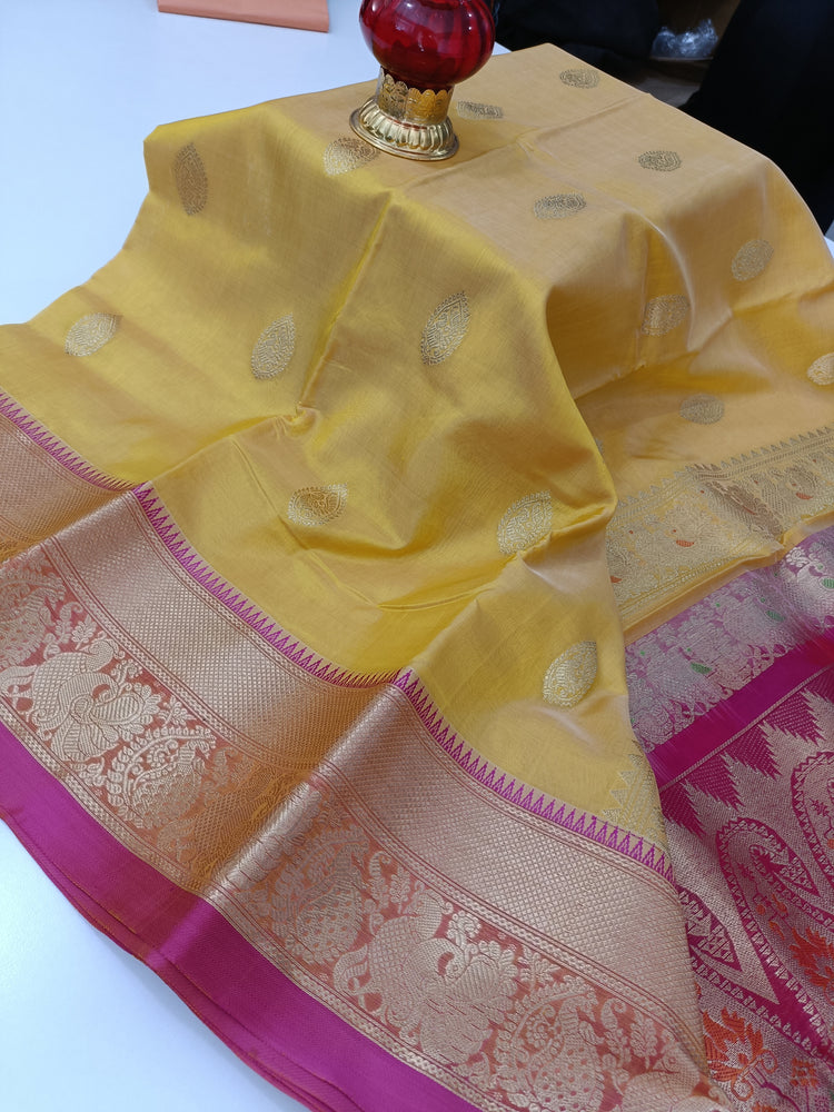 Pure Silk by Cotton  Butter Yellow Saree with Dark Pink and Golden Zari Pallu