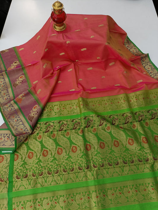 Pure Silk by Cotton Carrot Pink Saree with Green and Golden Zari Pallu