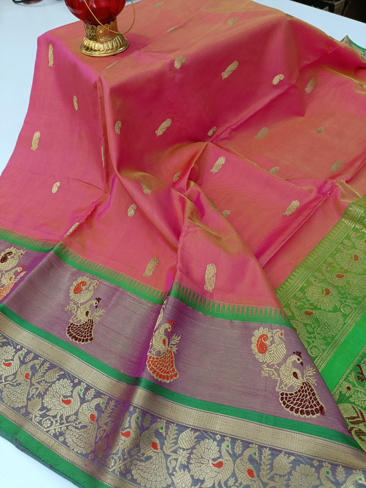 Pure Silk by Cotton Carrot Pink Saree with Green and Golden Zari Pallu