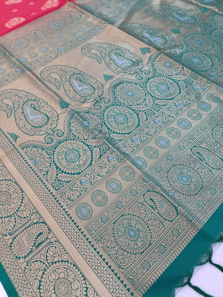 Dark Red Art Silk Saree with Meenakari Floral Motifs and Rich Golden Zari Work on Teal Green Pallu
