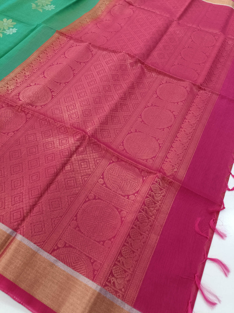 Pure Silk by Cotton Green Saree with Floral motifs and Dark Pink Pallu