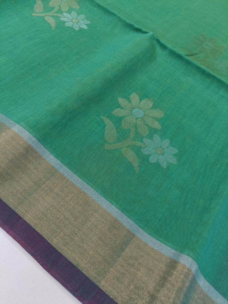 Pure Silk by Cotton Green Saree with Floral motifs and Dark Pink Pallu