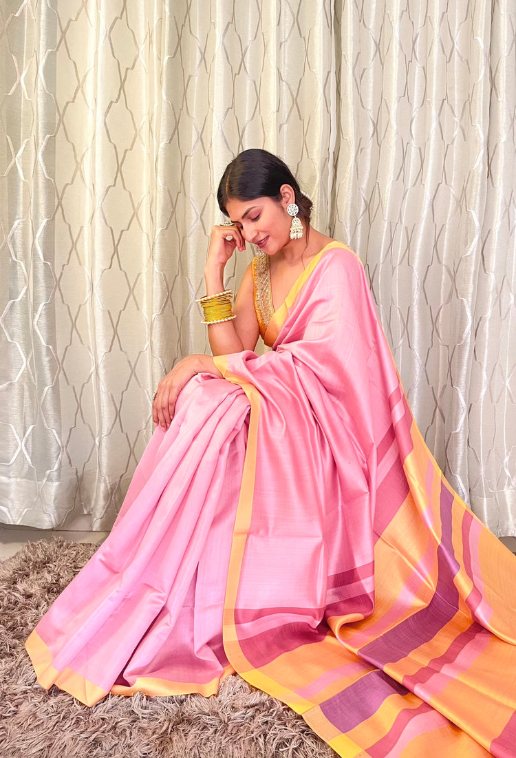 Pure Handloom Eri Silk Pastel Pink Saree with Yellow Border