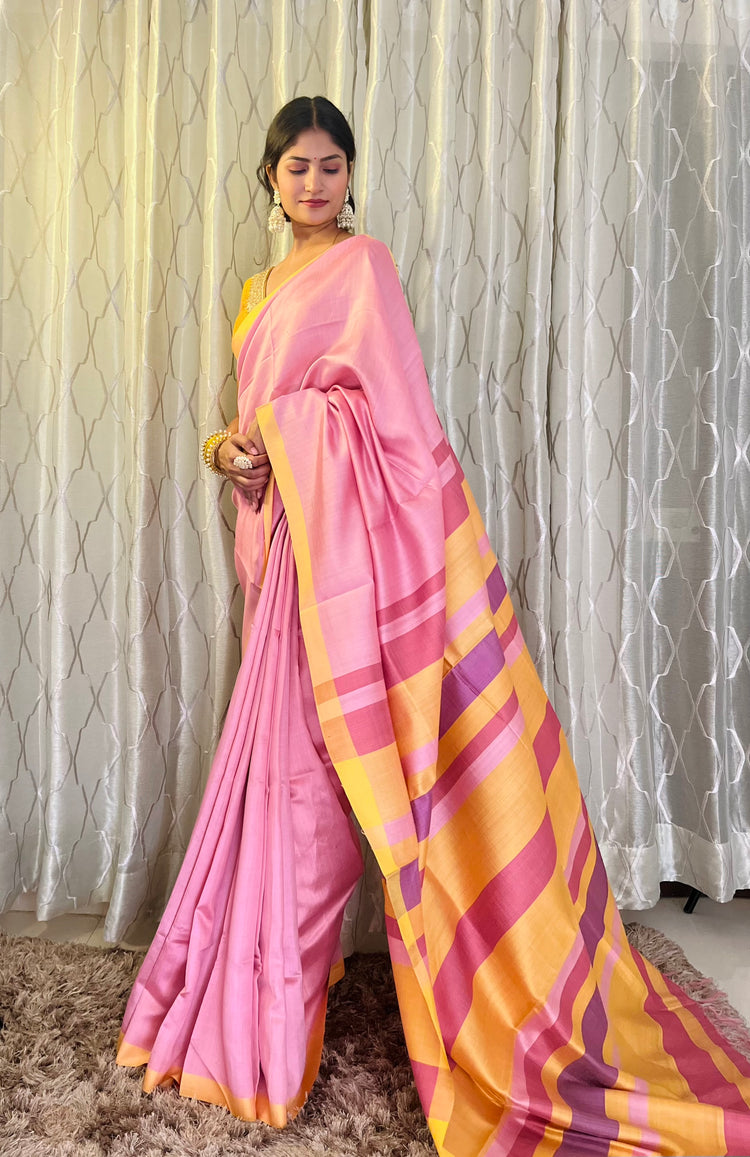 Pure Handloom Eri Silk Pastel Pink Saree with Yellow Border