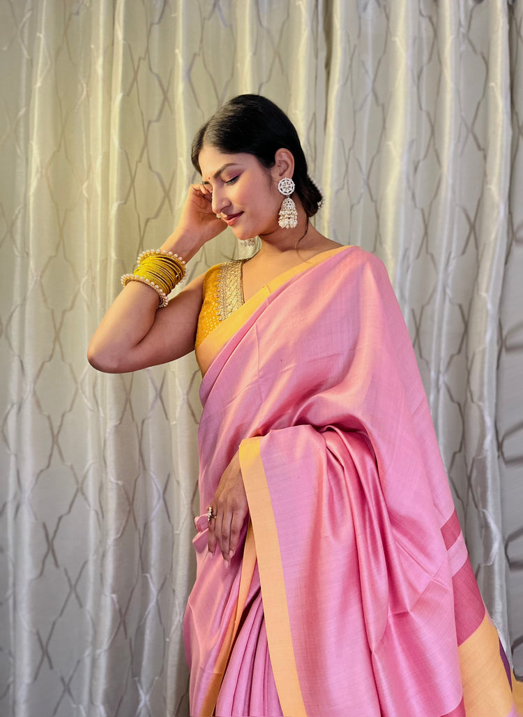 Pure Handloom Eri Silk Pastel Pink Saree with Yellow Border