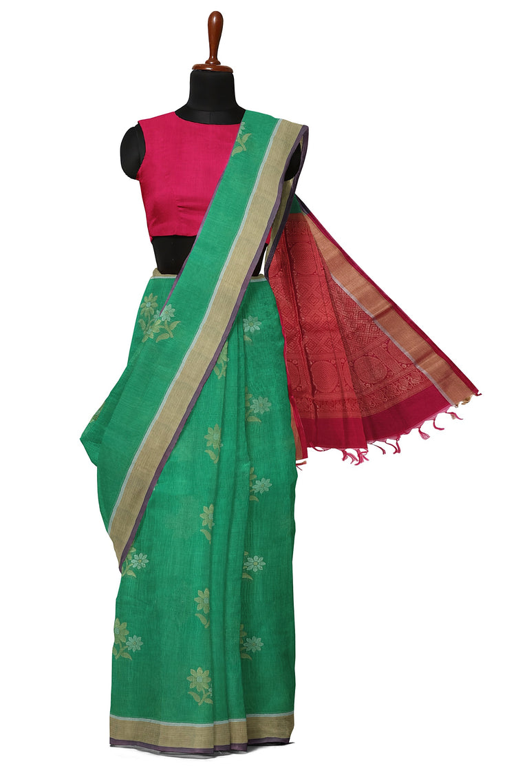 Pure Silk by Cotton Green Saree with Floral motifs and Dark Pink Pallu