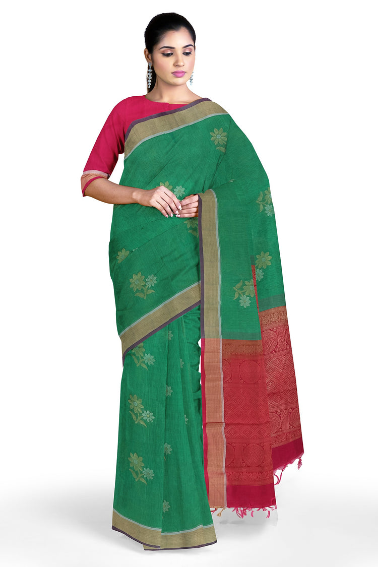 Pure Silk by Cotton Green Saree with Floral motifs and Dark Pink Pallu