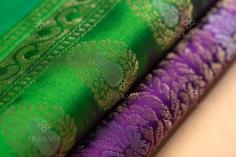 Pure Soft Silk Handloom Green Saree with Purple Pallu - Silksaga Studio